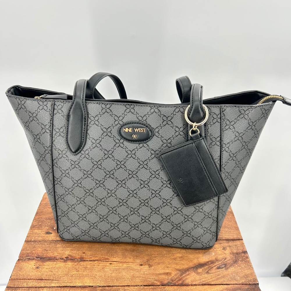Nine West Womens Grey Black‎ Monogram Logo Tote Bag with Card Holder Charm
